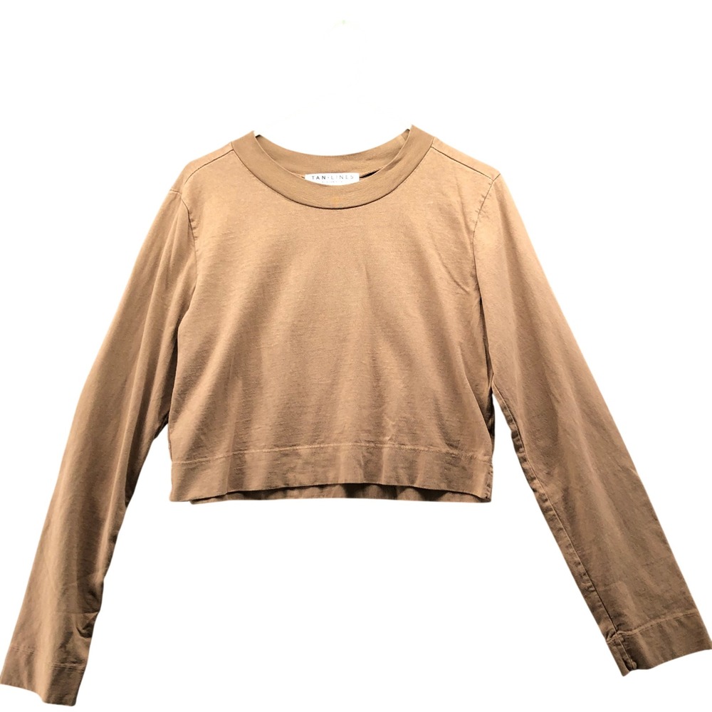 TAN LINES Sivan Ayla Camel Tan Cropped Long Sleeve Top Shirt Womens Small